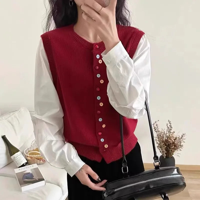 European goods color button cashmere knit vest cardigan women spring and autumn new round neck sleeveless sweater vest