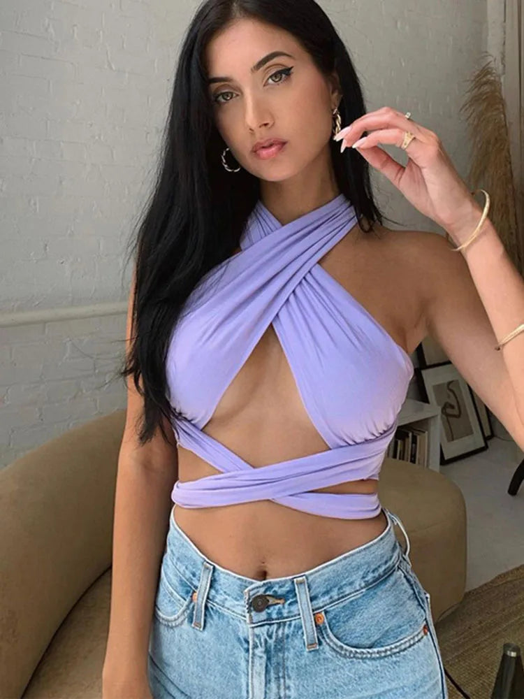 Women's Cross Halter Cotton Blend Crop Top with Wrap Ties and Open Back