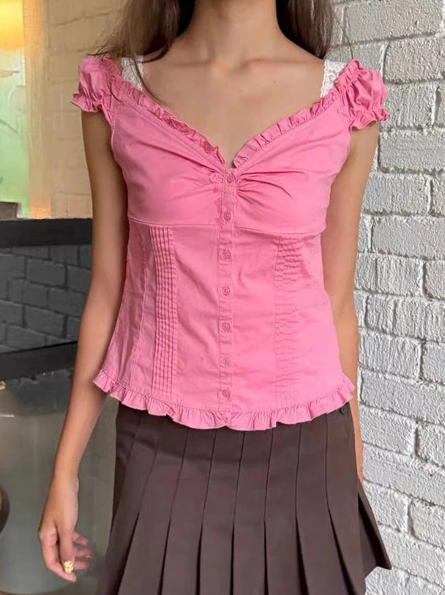 Women's Ruffled Cotton Sleeveless Blouse with Button Front and Mixed Pattern Options