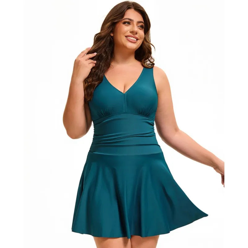 Women's V Neck Ruched Waist Skirted Swimdress Bathing Suit