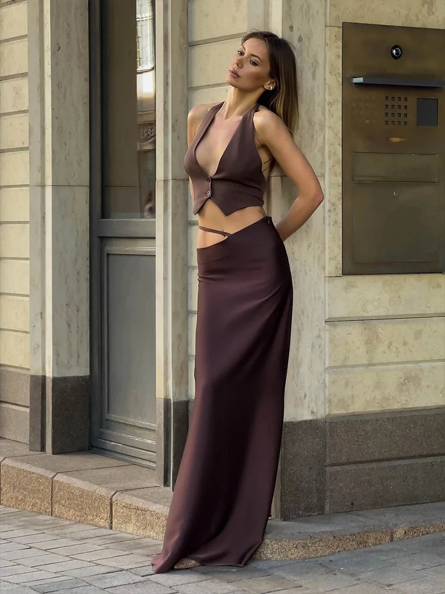 Women's Halter Vest with Button Front and a Pointed Front Hem