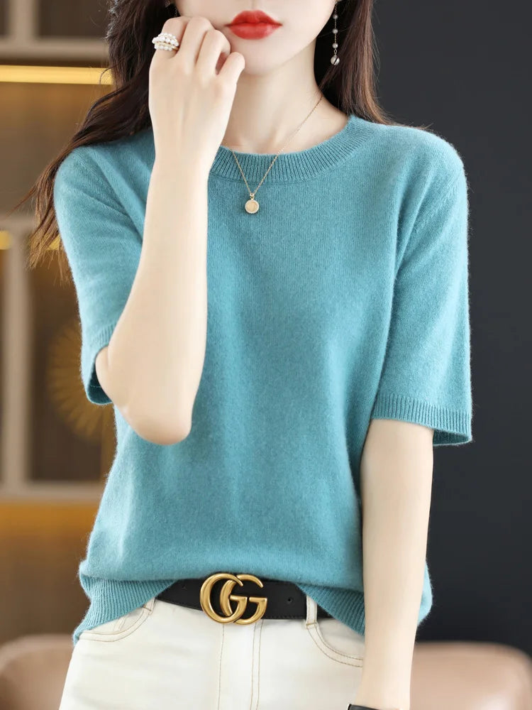 Women's Crew Neck Short Sleeve Sweater Casual Knit Layer