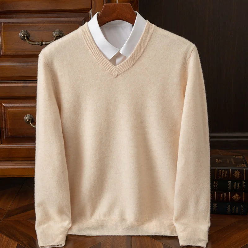 Men's Wool V-Neck Long-Sleeve Knit Pullover Sweater