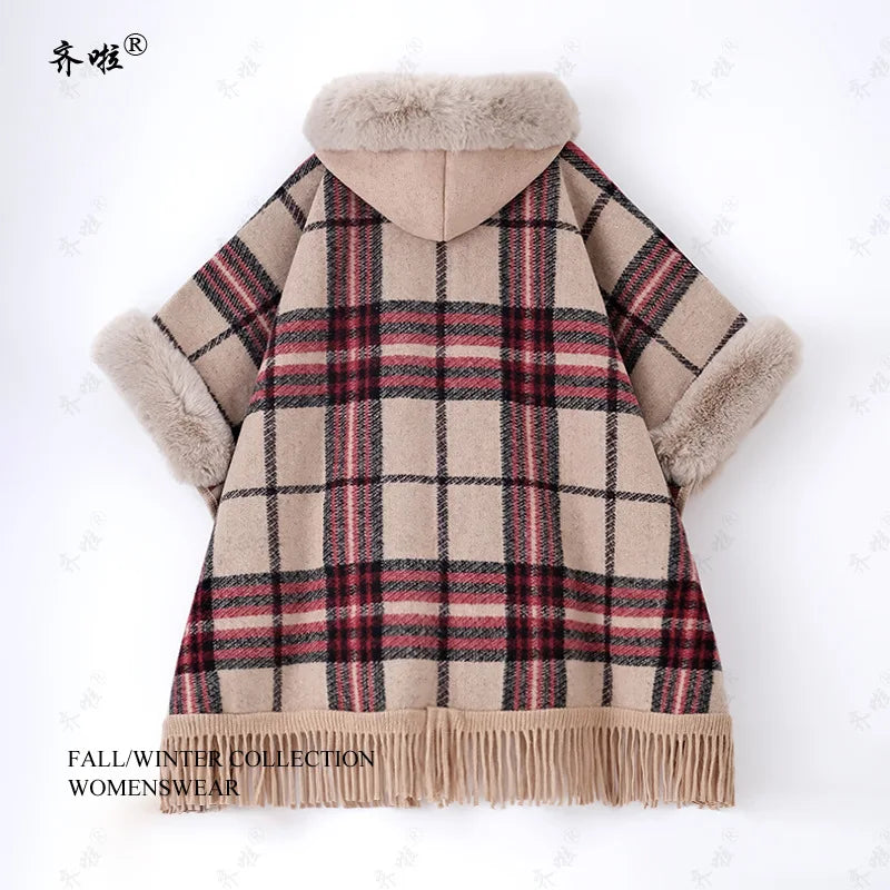 Plaid Hooded Fringed Poncho for Layering over Outfits
