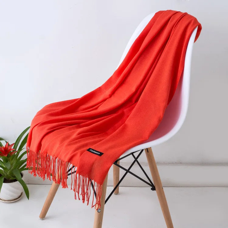 Solid Long Rectangular Scarf with Fringed End Trim