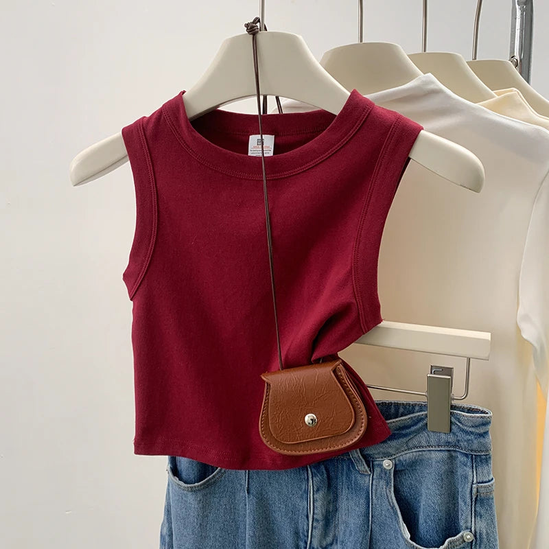 Women's Round Neck Cotton Blend Crop Tank Top with Sleeveless Cut
