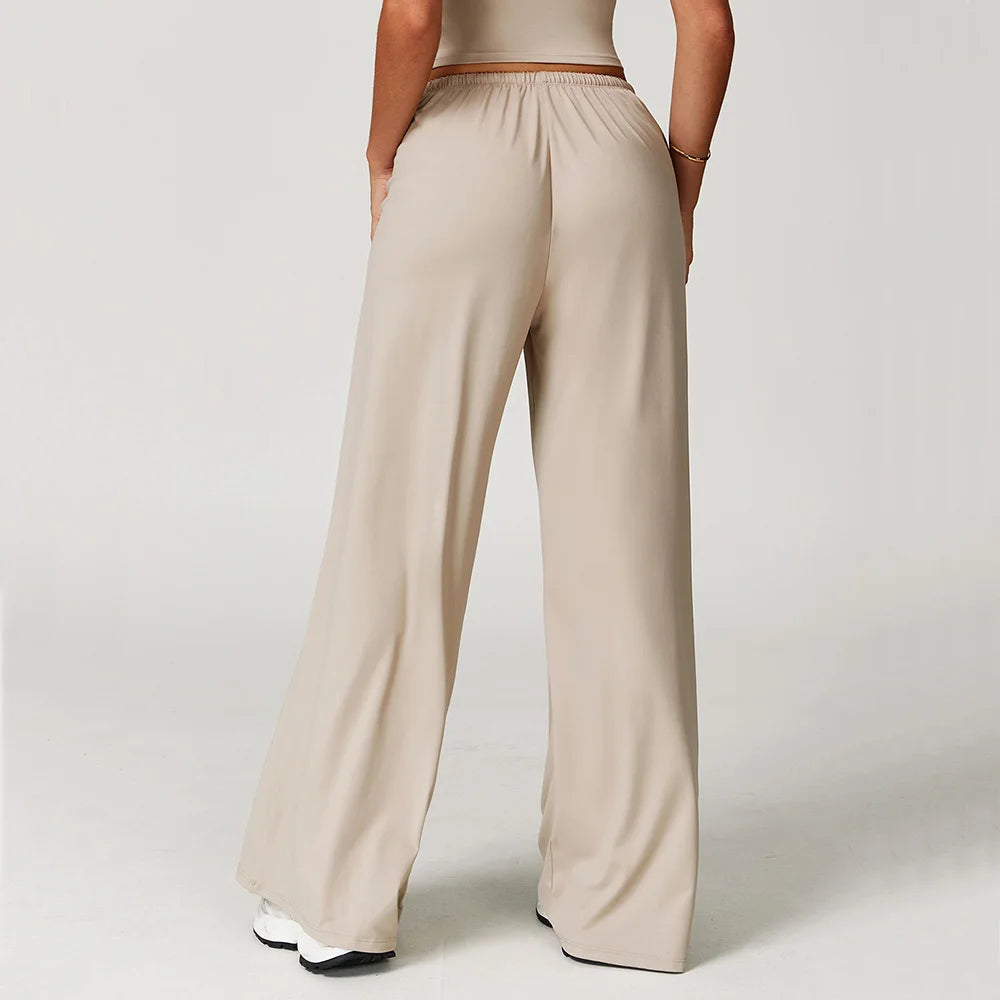 Women's Drawstring Waist Polyester Blend Wide Leg Pants with Side Pockets
