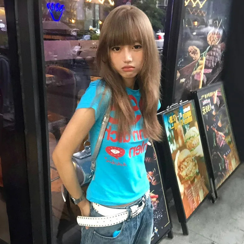 Letter Graphic Crew Neck Short Sleeve Cropped Casual Top
