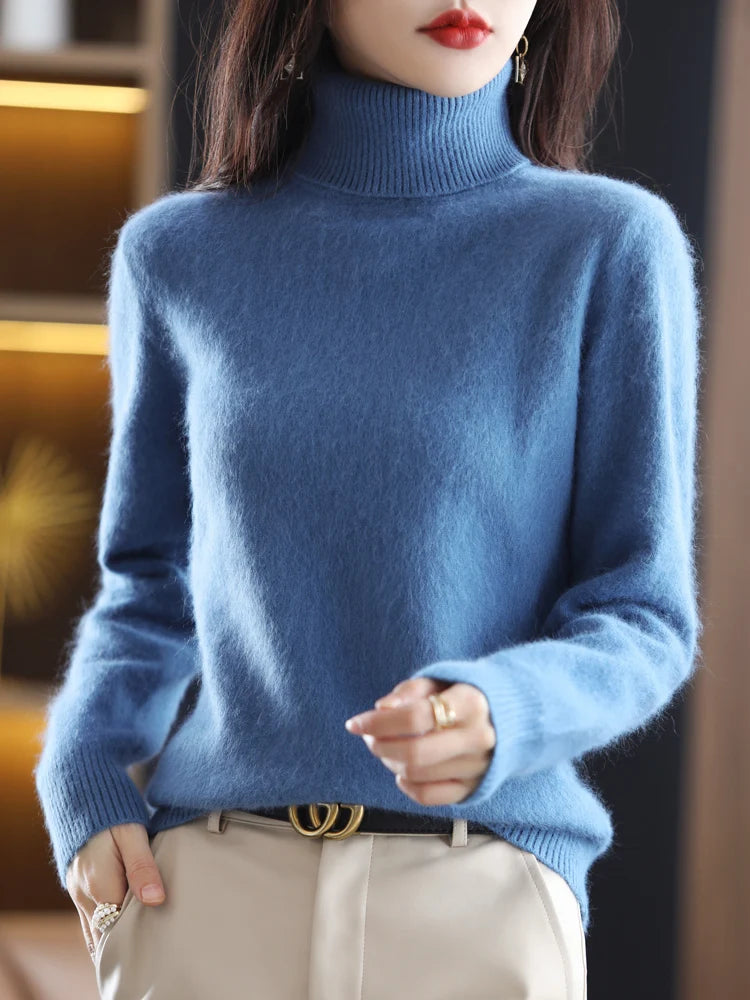 Women's Plain Roll Neck Long Sleeve Sweater Casual Knit Layer
