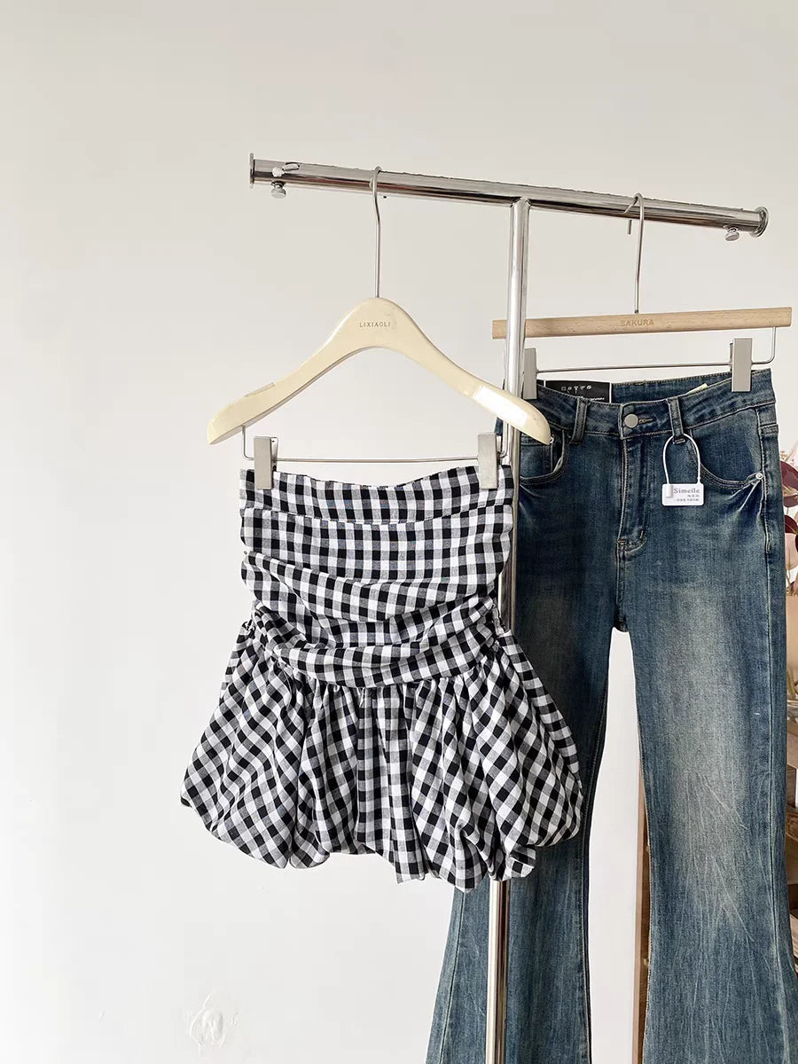 Women's Ruched Strapless Peplum Crop Top with a Gathered Waist