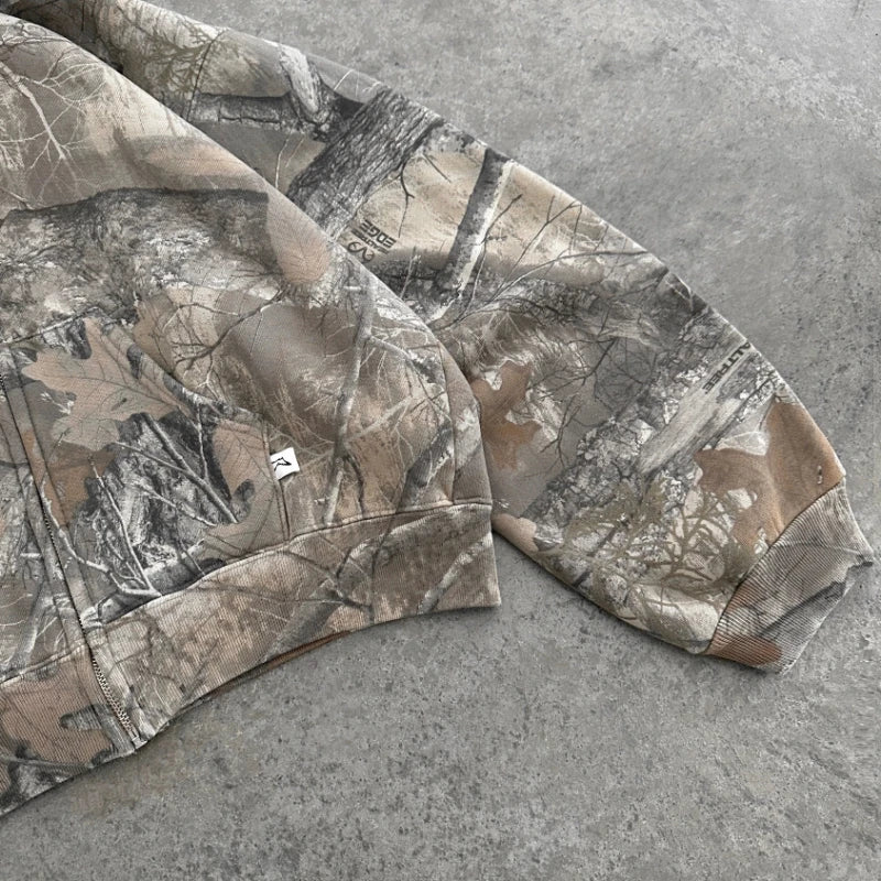Camouflage Loose-Fit Long-Sleeve Zip-Front Hoodie