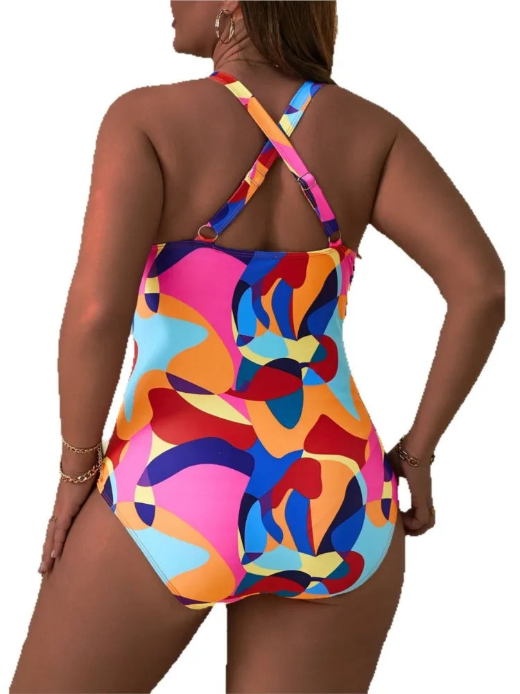 Women's Colourful Print Twist Front Cross Back One Piece Swimsuit