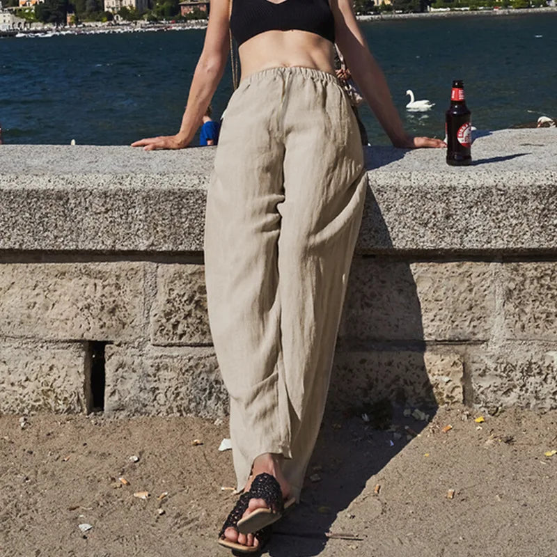 Women's Linen-Viscose Loose Straight-Leg Full-Length Pants with Drawstring Waist and Side Pockets
