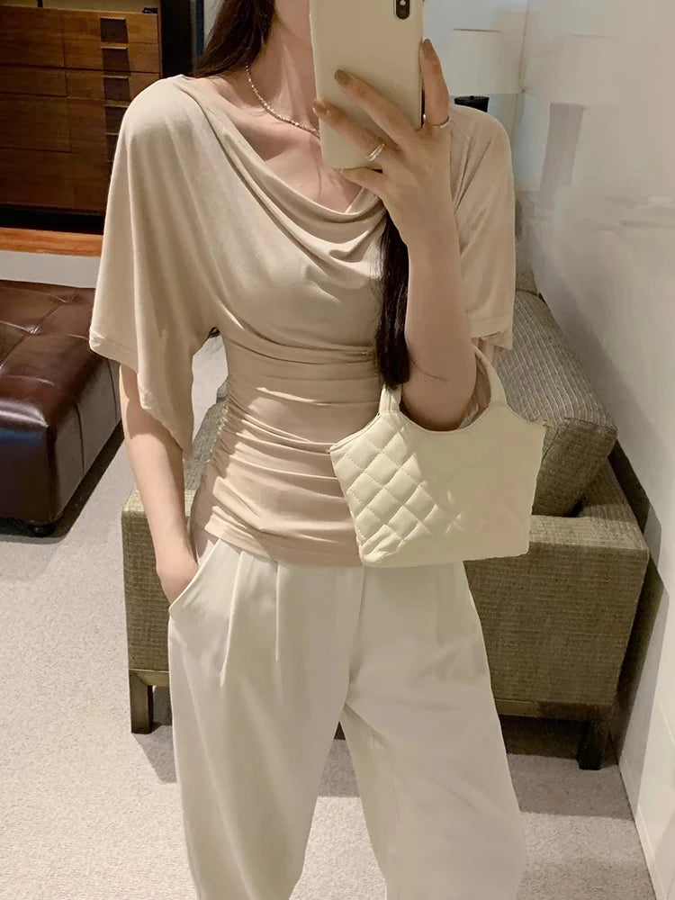 Women's Solid Polyester Slash Neck Blouse with Flared Sleeves and a Fitted Shape