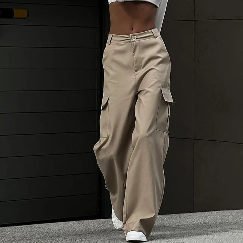 Women's Wide Leg Cargo Pants with Flap Pockets and Waistband
