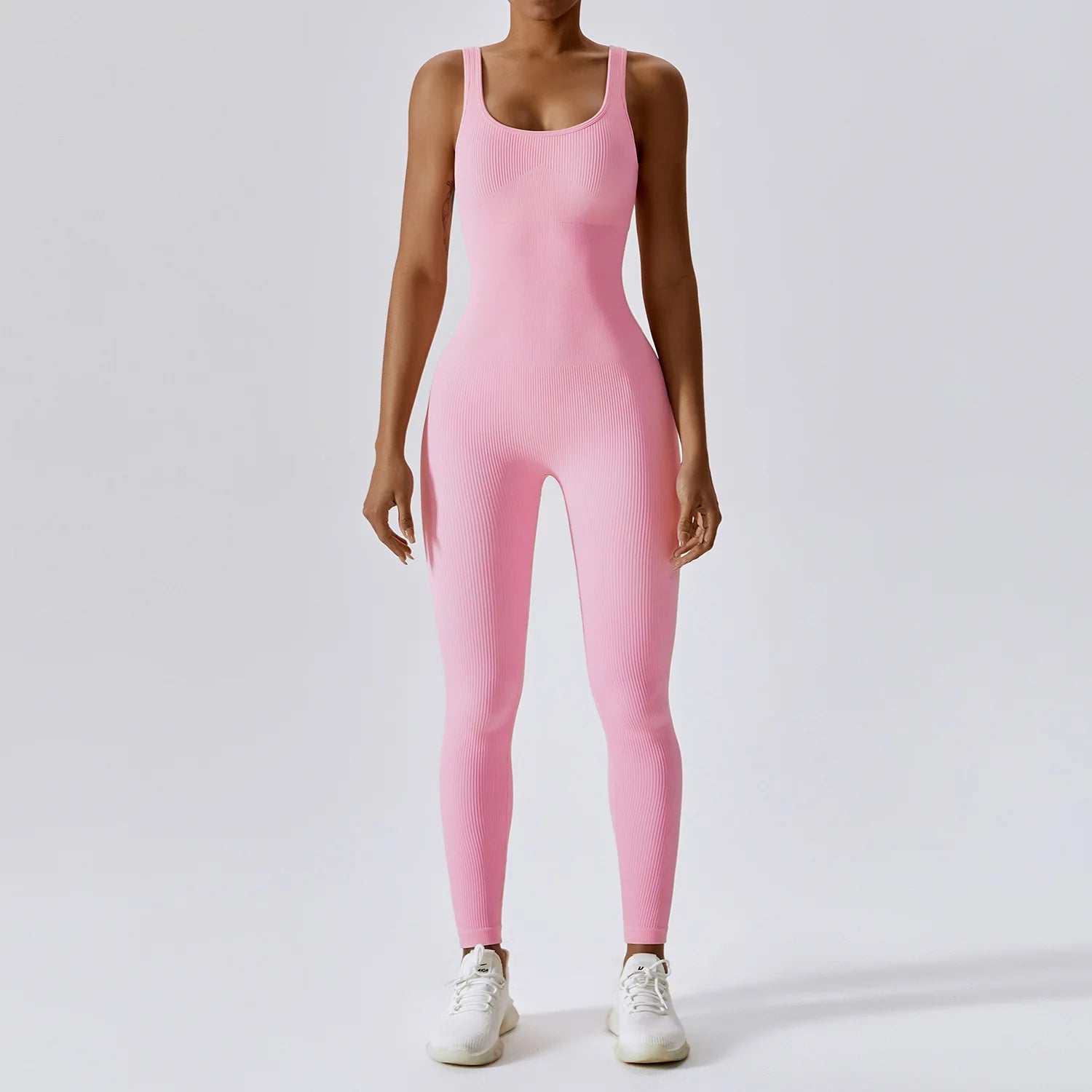 Women's Ribbed Nylon Blend Sleeveless Workout Jumpsuit with Scoop Neck