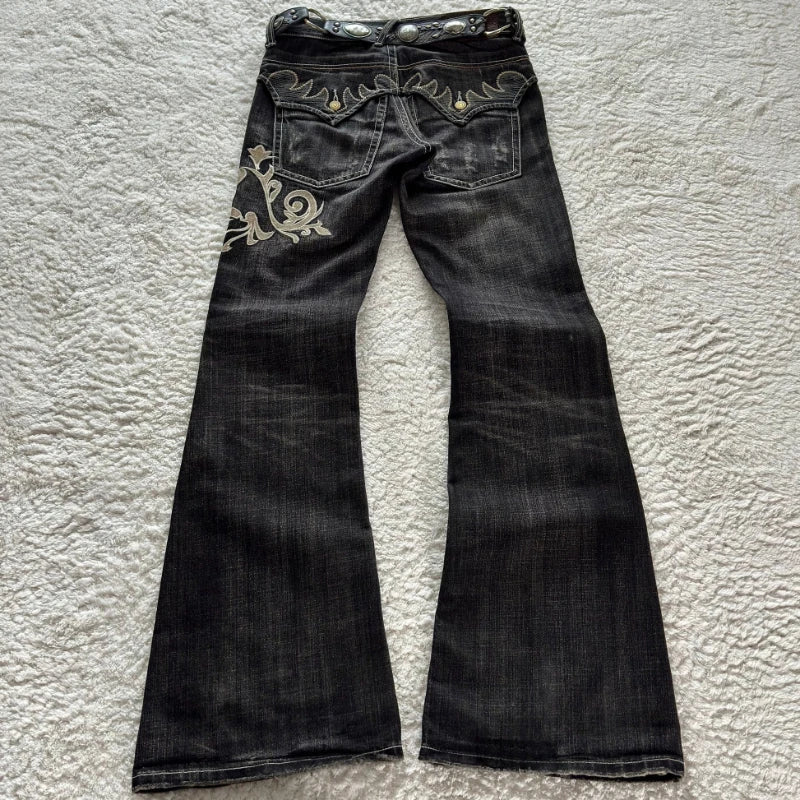 Women's Black Embroidered Flared Leg Denim Jeans For Everyday Outfits
