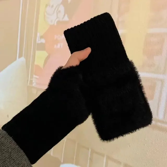 Solid Plush Fingerless Gloves with Short Wrist Shape