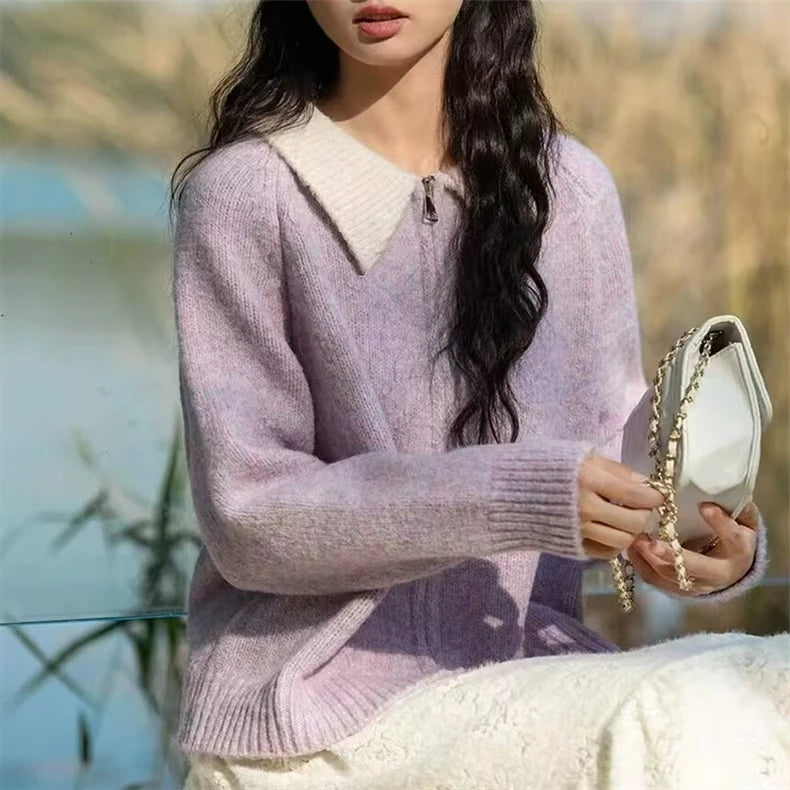 Color-blocked lapel 100% cashmere cardigan women's knitted sweater Loose sweater Wool sweater coat