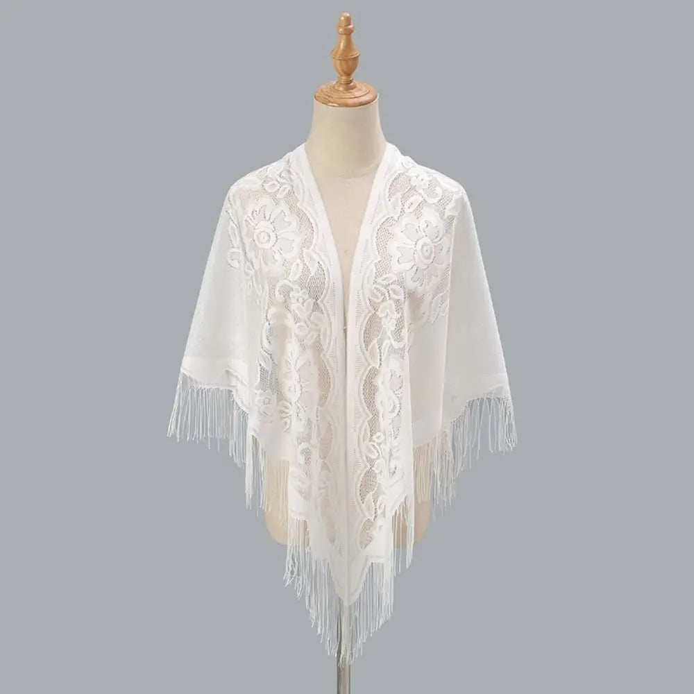 Floral Lace Fringed Wrap Scarf for Layering over Outfits