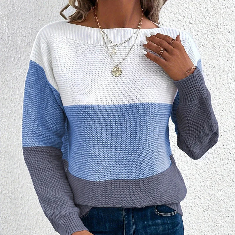 Women's Color Block Crew Neck Sweater Casual Knit Layer