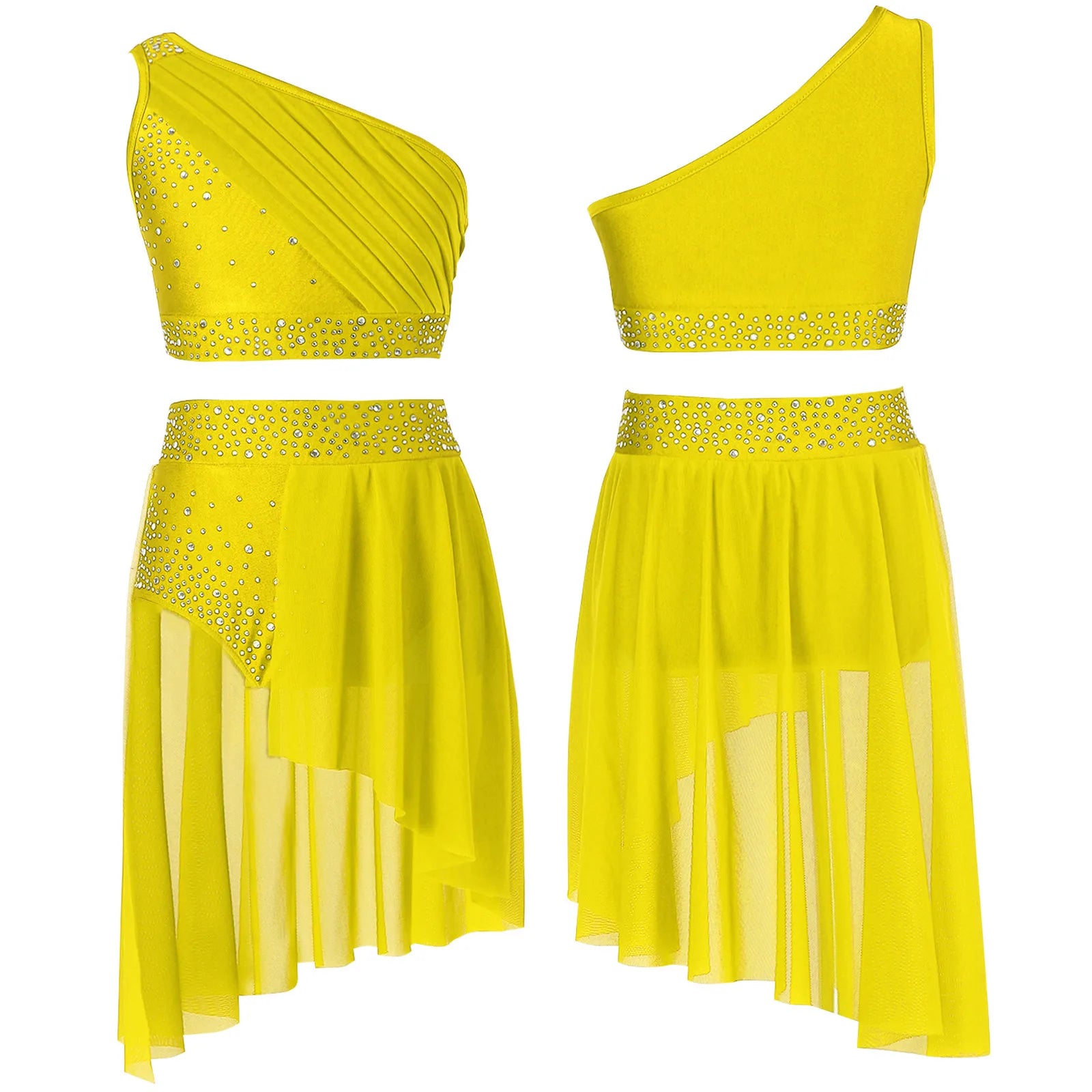 Girls' Lyrical Dance Costume Styles with Rhinestones and Skirted Outfit Options