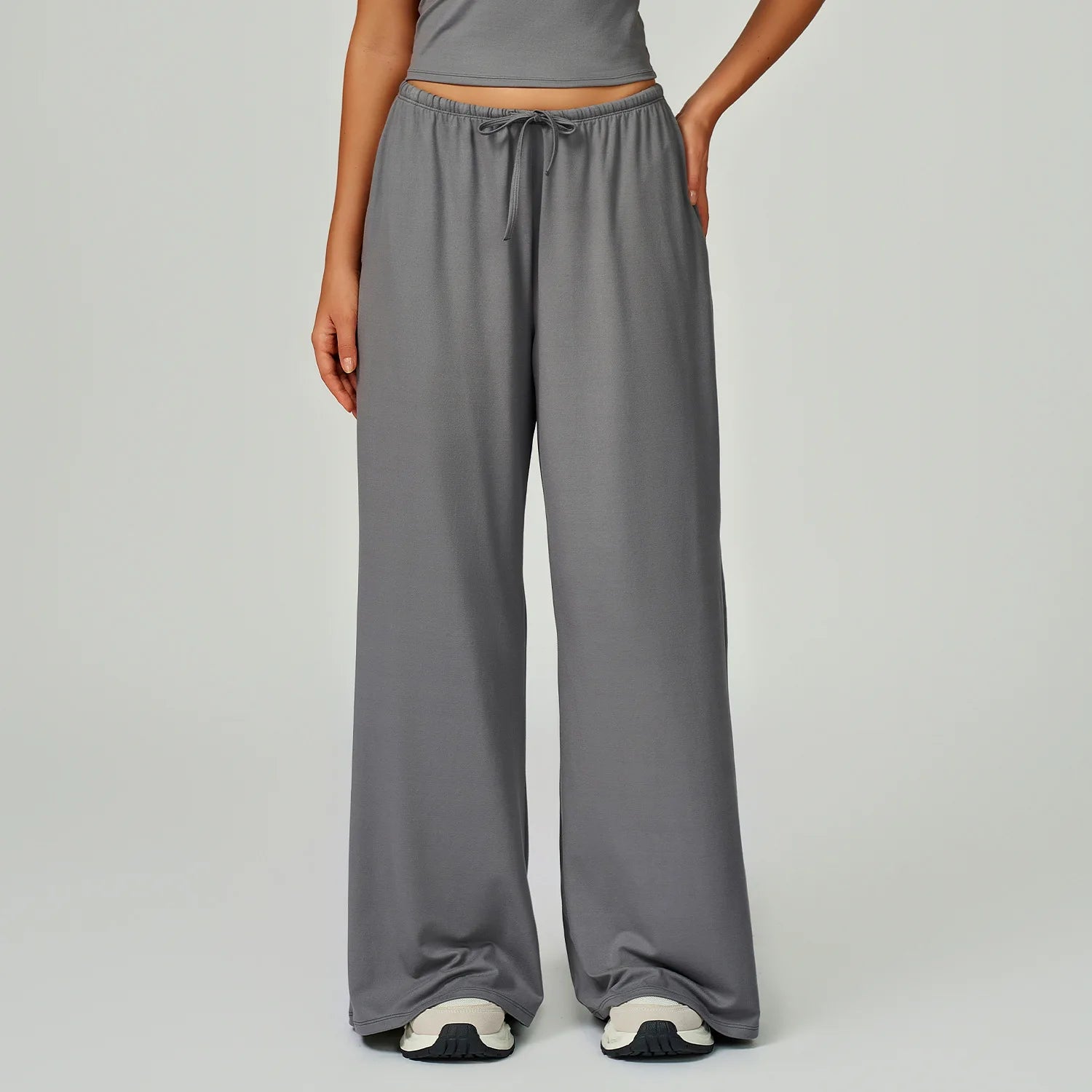 Women's Drawstring Waist Polyester Blend Palazzo Pants with Loose Wide Legs