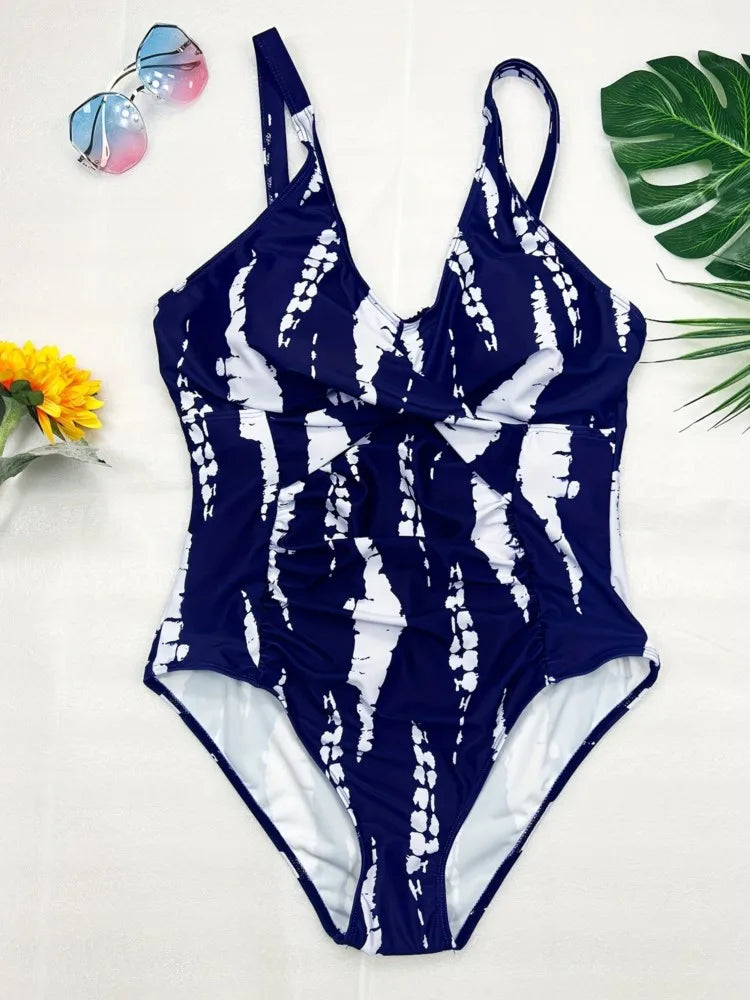 Women's Printed Ruched Front V Neck One Piece Swimsuit