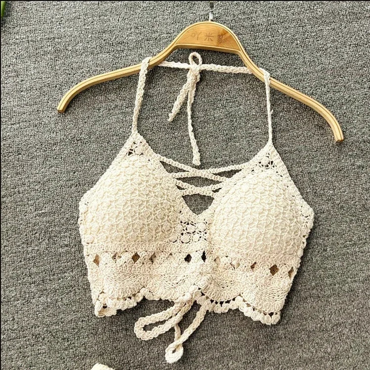 Women's Crochet Halter Crop Top with an Openwork Design and Fringe Hem