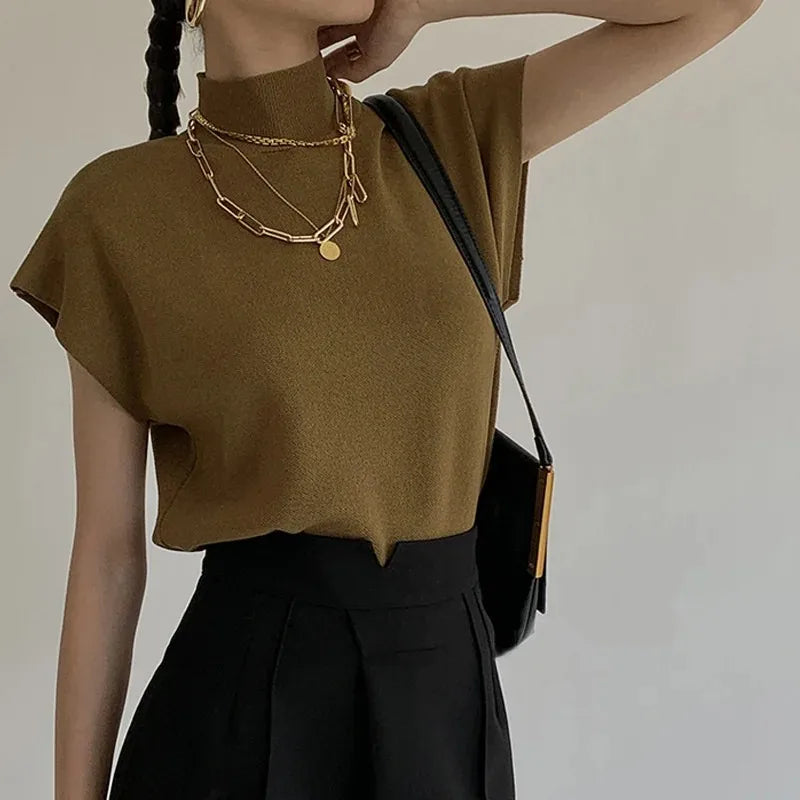 Women's Cap Sleeve Mock Neck Knit Sweater Casual Knit Layer
