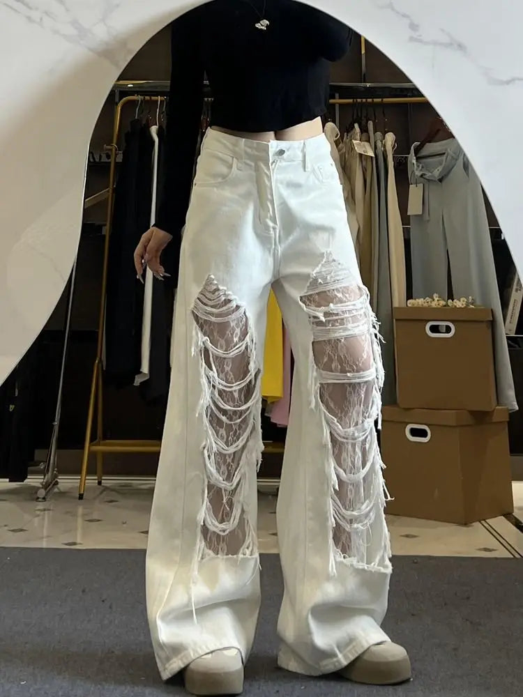 Women's Lace Panel Distressed Wide Leg Denim Jeans