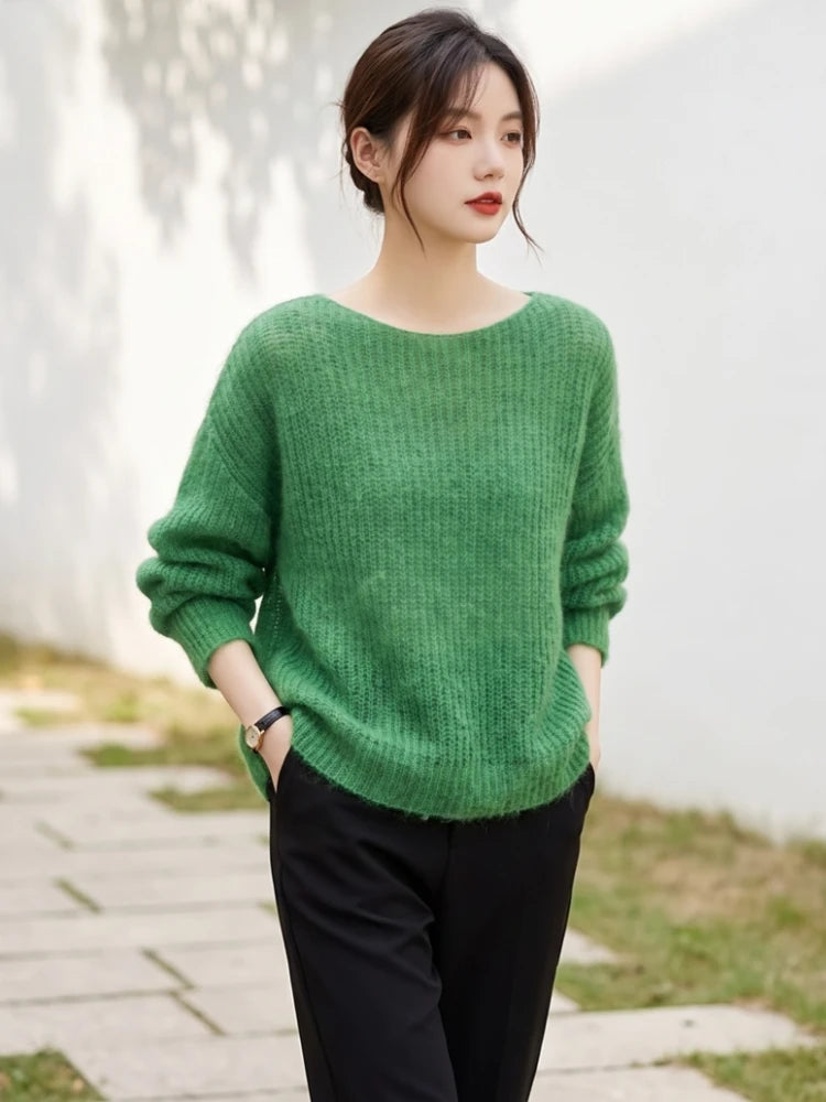 Women's Open Knit Crew Neck Sweater Casual Knit Layer