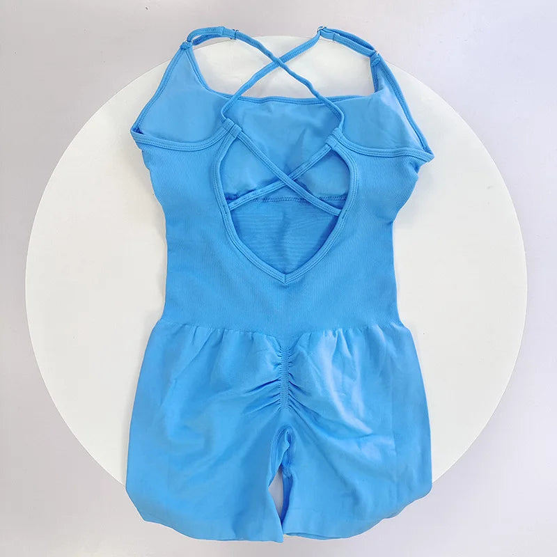 Women's Ribbed Nylon Blend Workout Romper with Lace Up Open Back