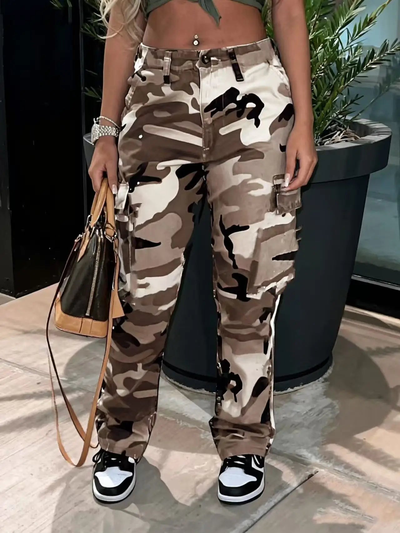 Women's Camouflage Cargo Pants with Straight Legs and Button Waist