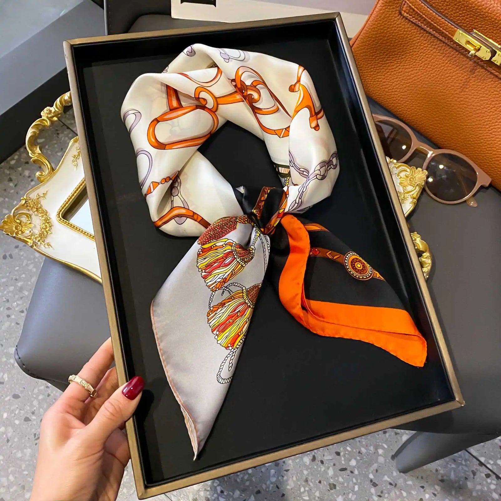 Chain Print Square Scarf with Decorative Border Designs