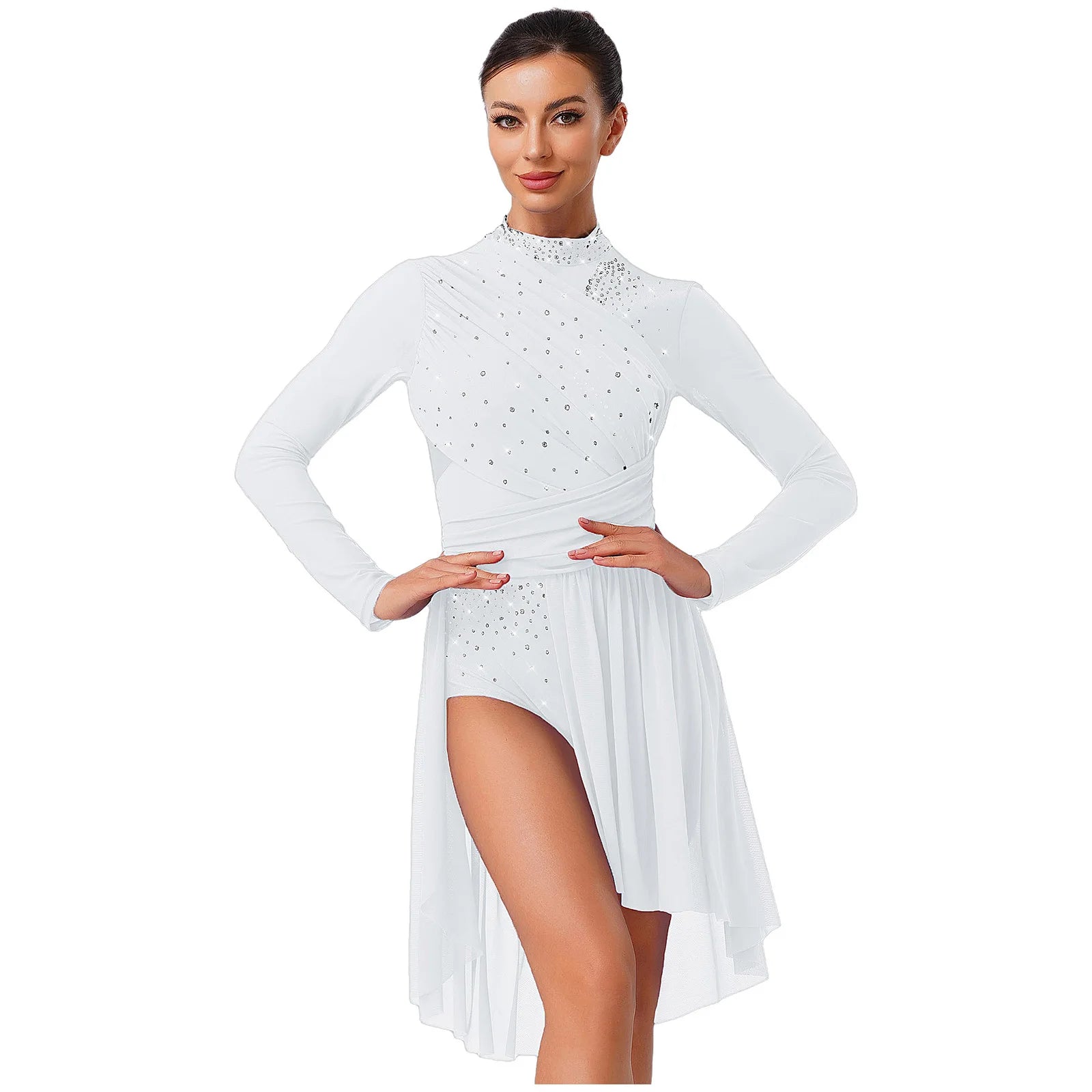 Women's Long Sleeve Rhinestone Dance Dress with Open Back and Split Skirt