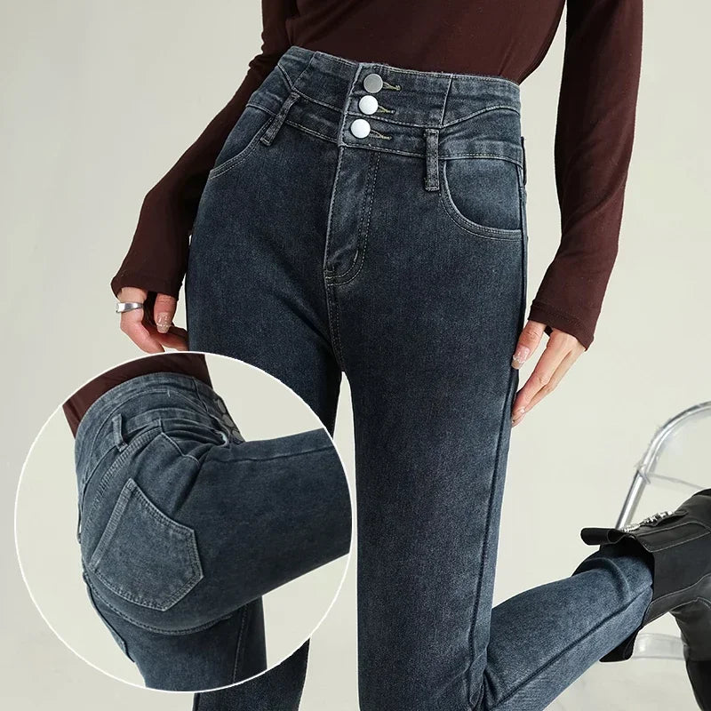 Women's Multiple Button Blue Flared Leg Denim Jeans
