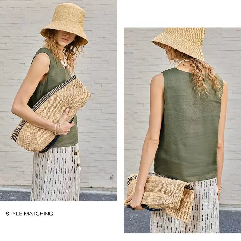 Women's Linen Sleeveless V-Neck Relaxed Tank Top for Casual Summer Everyday Outfits