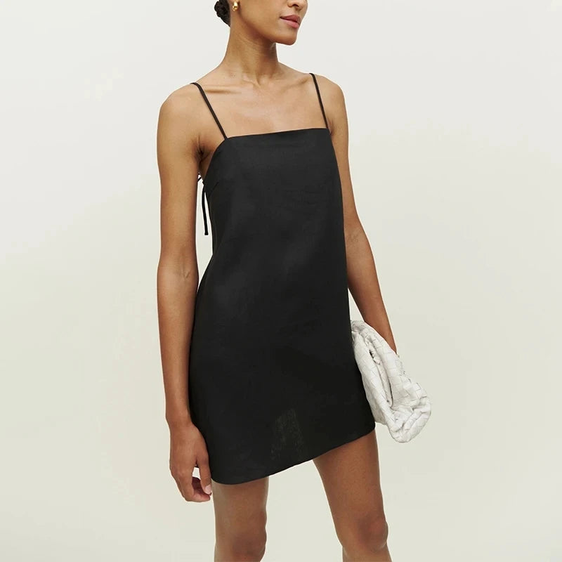 Women's Cotton-Linen Sleeveless A-Line Mini Dress with Straps and Back Tie Detail
