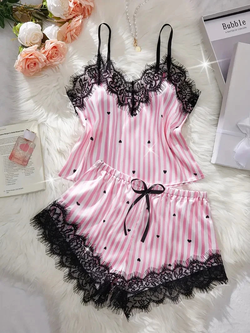 Women's Lace Trim Striped Cami Pajama Set with Top and Shorts