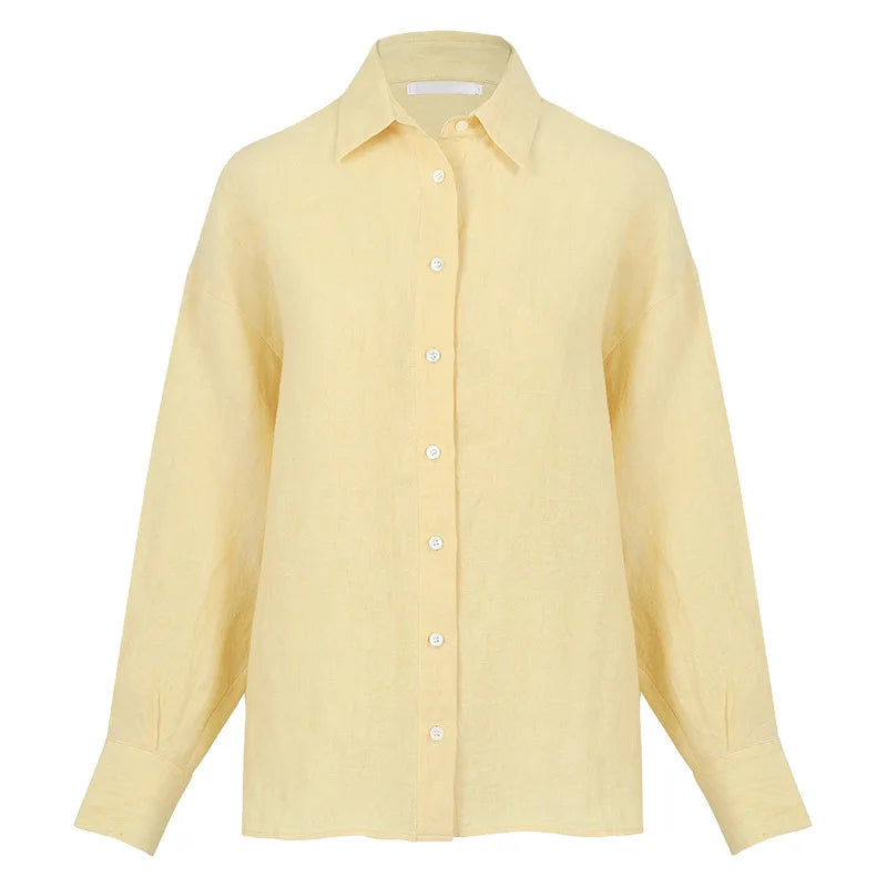 Women's Linen Long-Sleeve Button-Up Shirt with Loose Fit for Casual Everyday Outfits