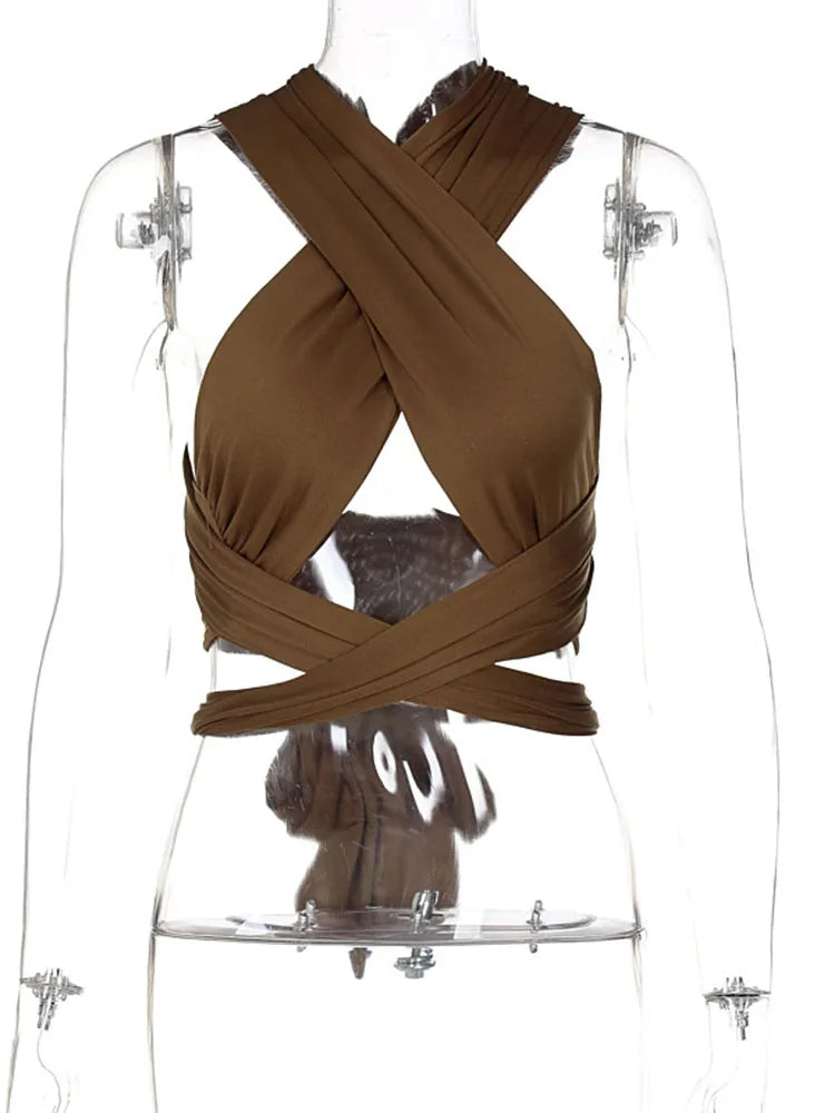 Women's Cross Halter Cotton Blend Crop Top with Wrap Ties and Open Back
