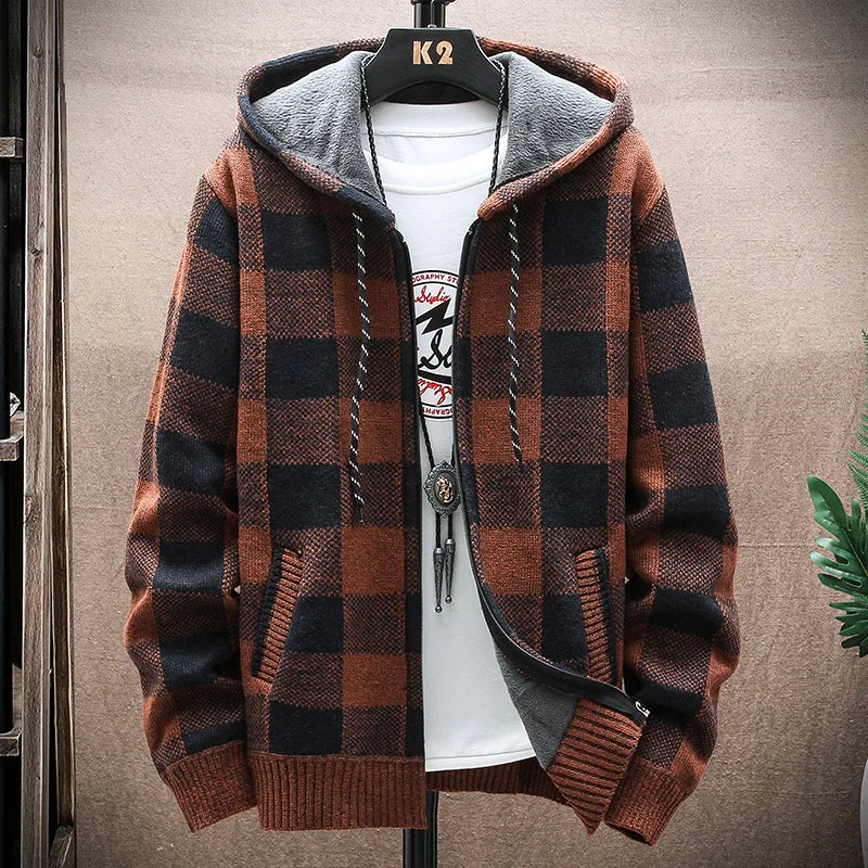 Men's Checked Hooded Zip Front Knit Cardigan