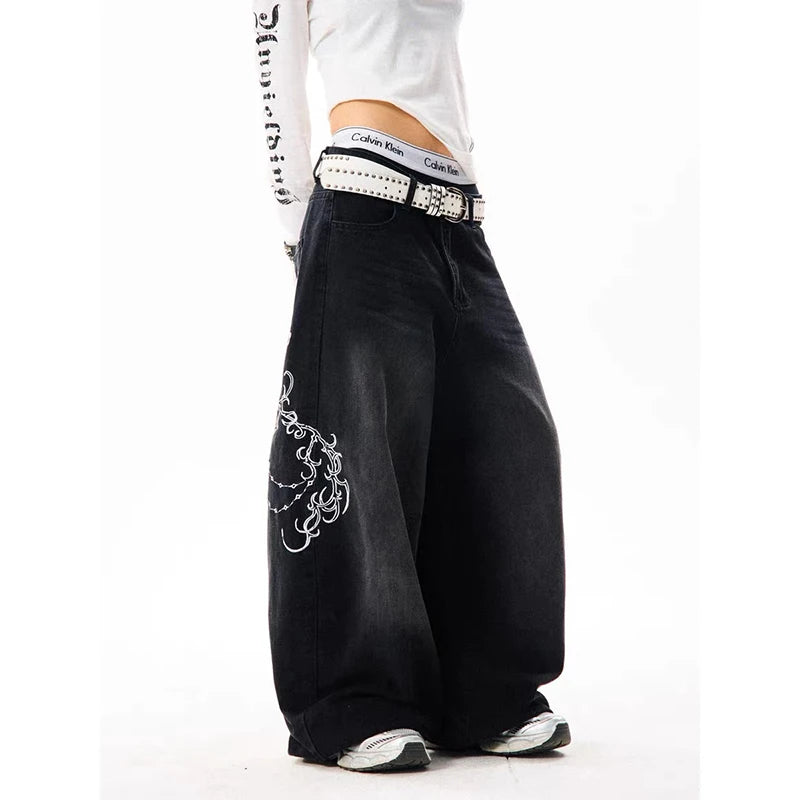 Women's Black Graphic Wide Leg Denim Jeans For Everyday Outfits