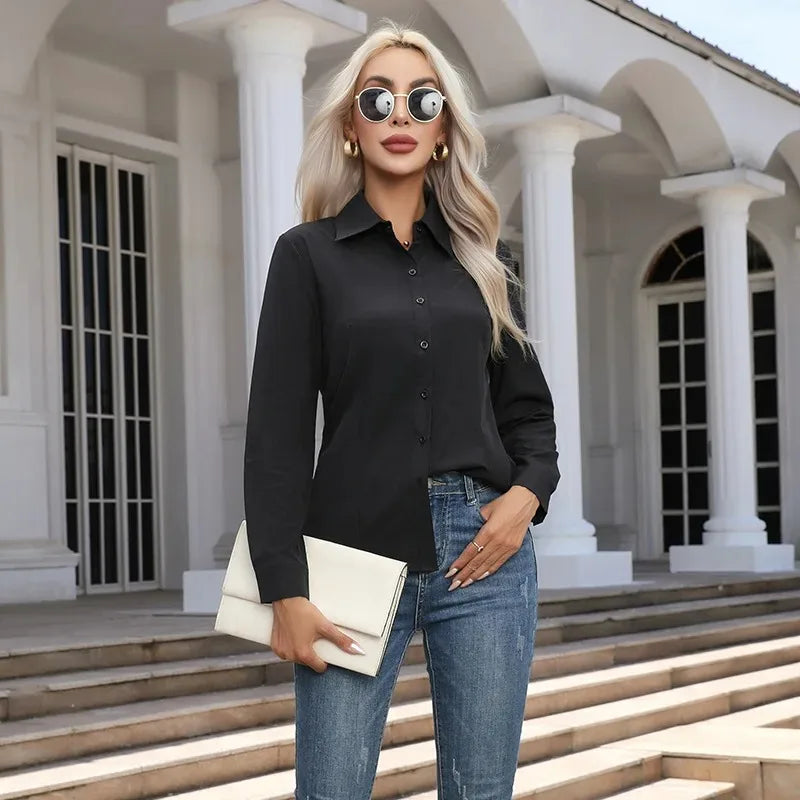 Women's Plain Collared Long Sleeve Button Front Shirt