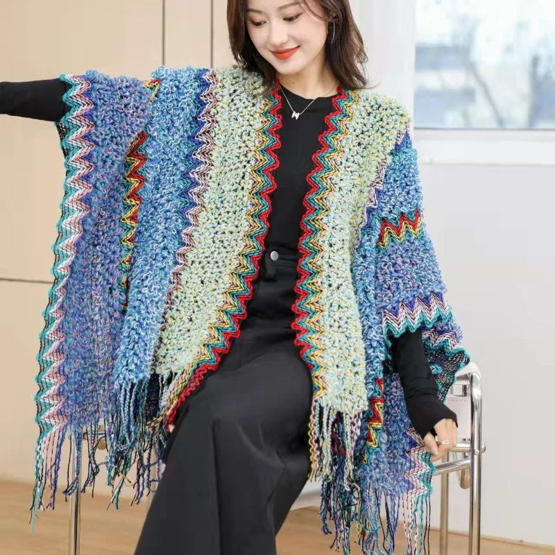 Zigzag Knit Fringe Poncho for Layering over Outfits