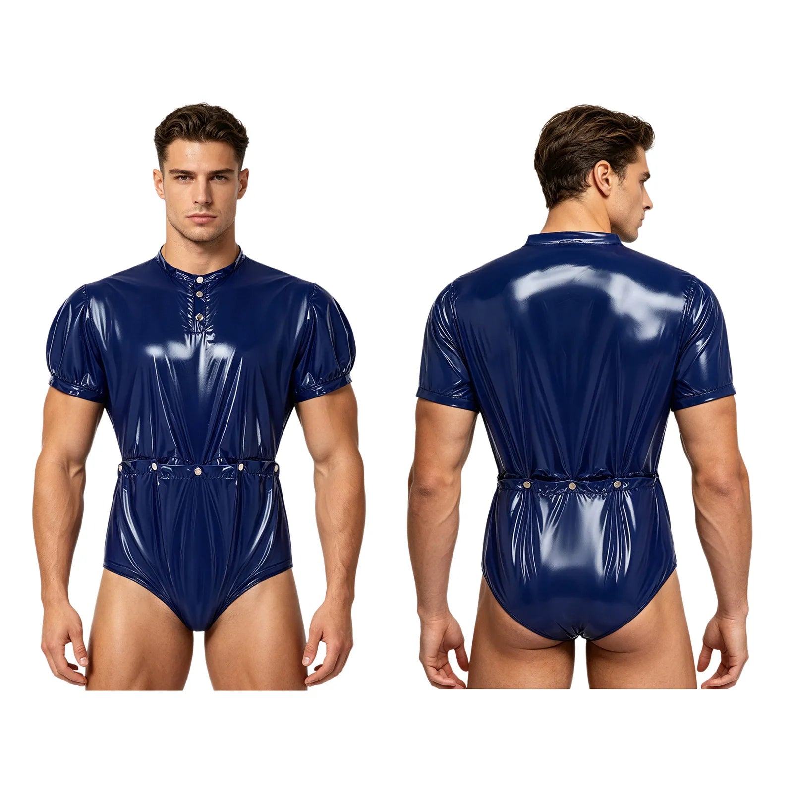 Men's One-Piece Swimsuit with Back Zipper and Crotch Button Details