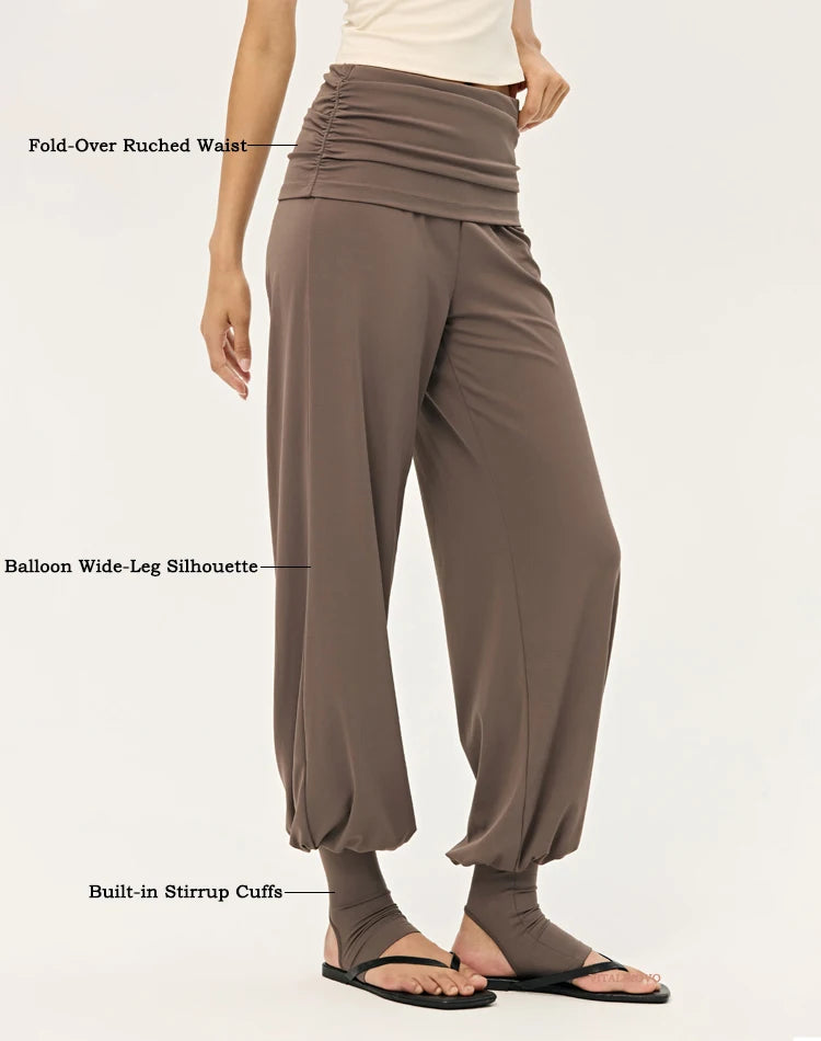 Women's Fold Over Waist Nylon Blend Harem Pants with Loose Legs