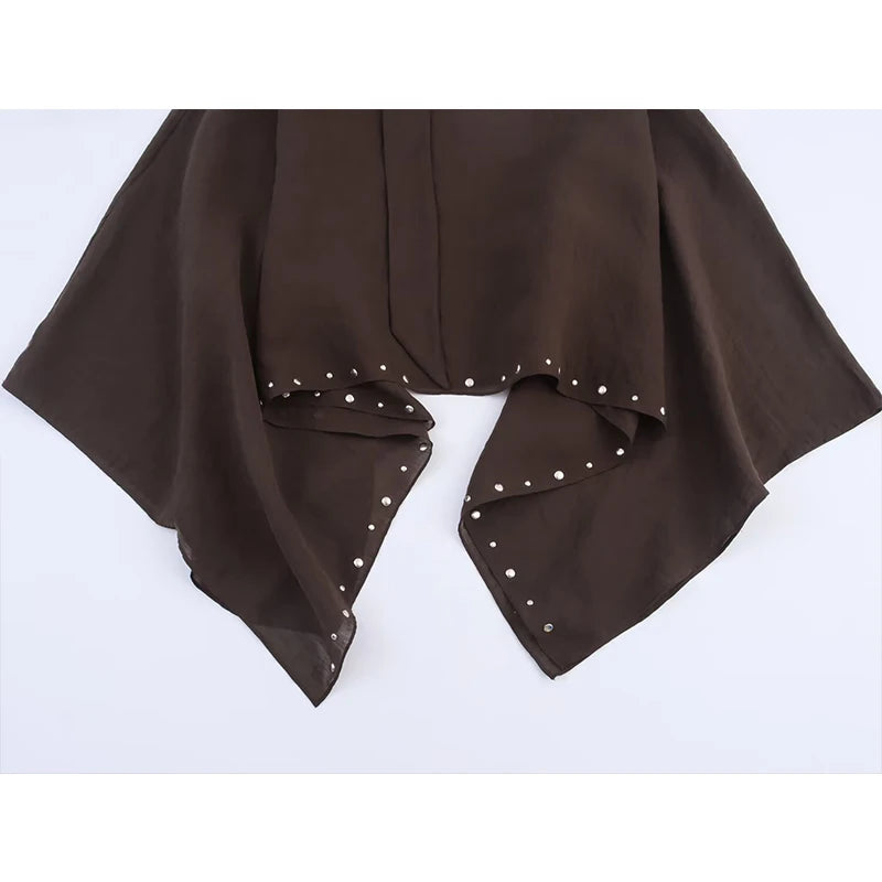 Cropped Stud Trim Cape with Asymmetric Draped Side Panels
