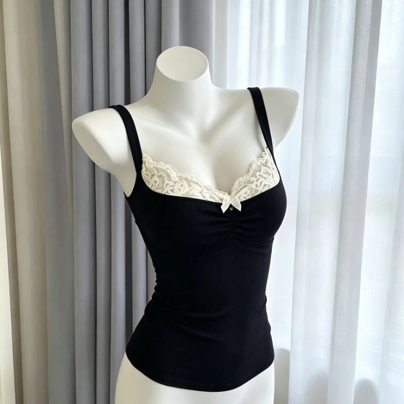 Women's Printed Lace Trim Camisole with Thin Straps and Fitted Shape